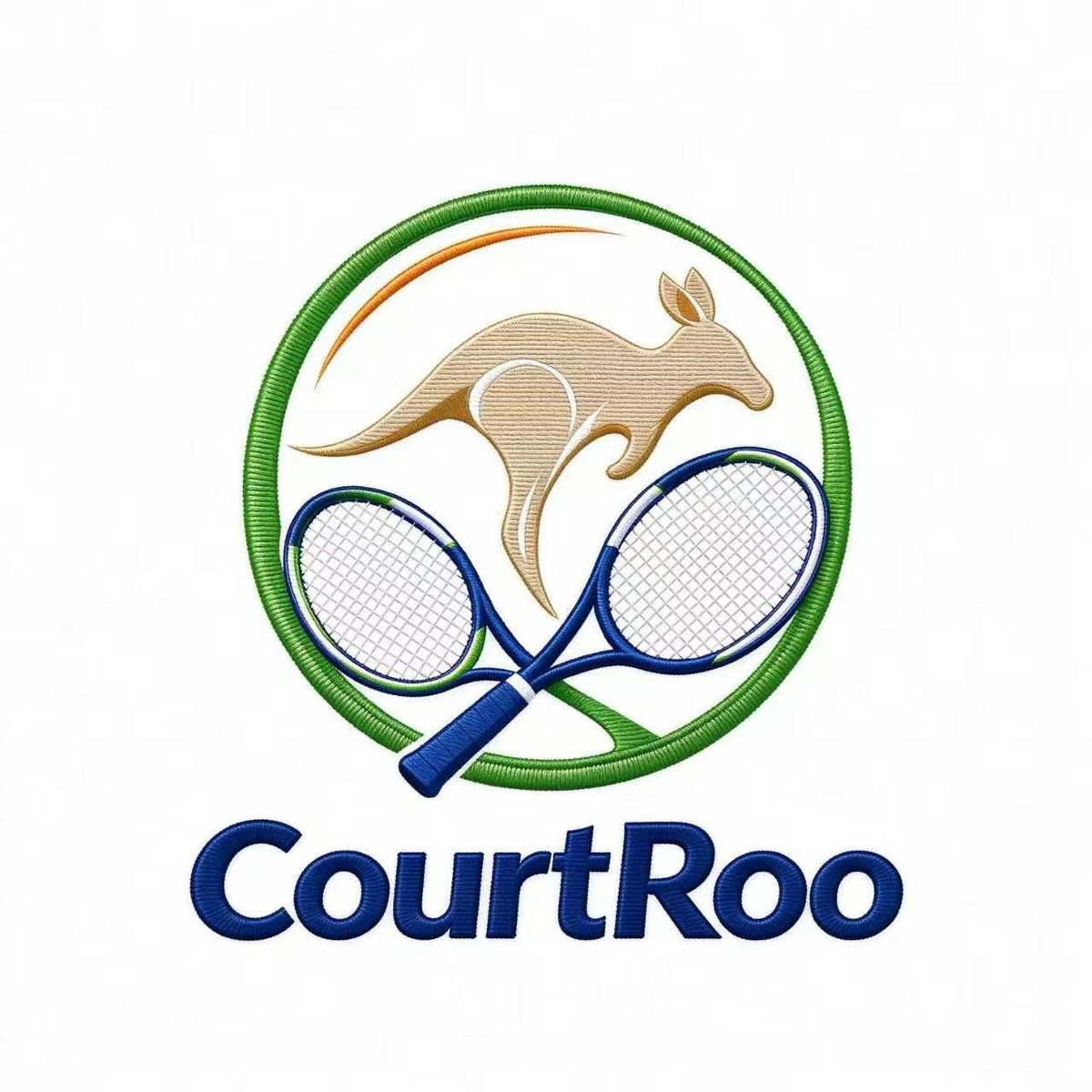 Embroidered club crest sample — kangaroo and crossed rackets