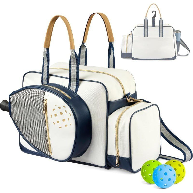 CourtRoo pickleball duffel — navy and white, holds two paddles, fence hook