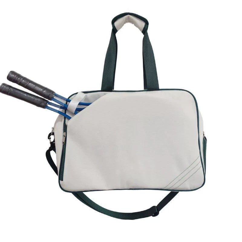 CourtRoo tennis racket bag — white with green trim, holds two rackets