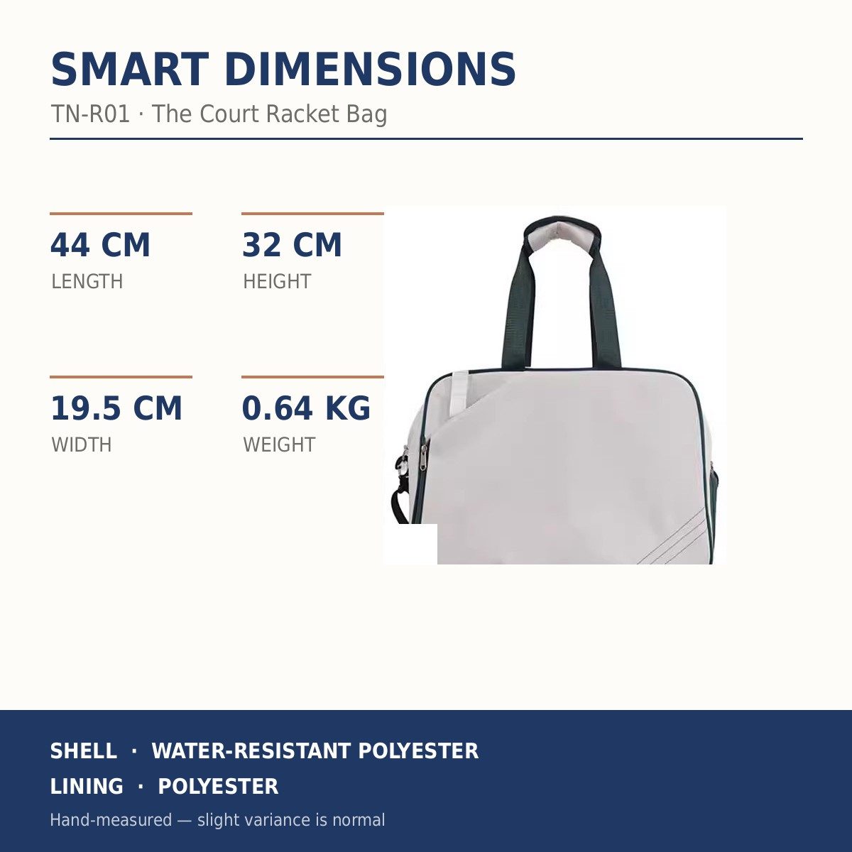 TN-R01 — size and weight diagram, 44 × 32 × 19.5 cm, 0.64 kg