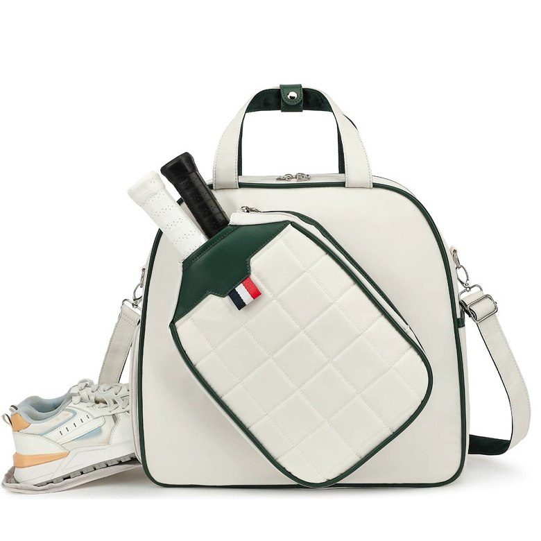 Colour-block racket bag — separate shoe garage, court shoes alongside